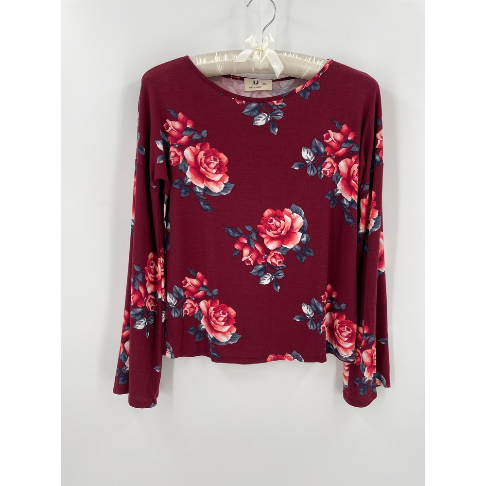 Amelia James Surprise Top Womens XS Burgundy Rose Floral Long Sleeve NWT USA